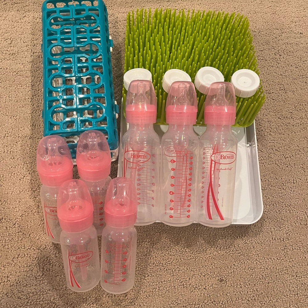 Pink Dr. Browns Baby Bottle Set, dishwasher basket and drying rack